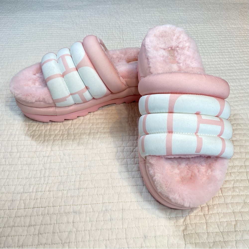 UGG Women's Maxi Slide Logo Chunky Sandal Brush Pink Size 8 Fur Slip On